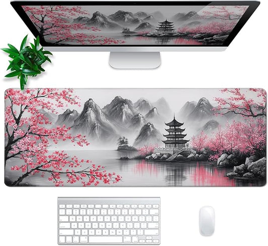 Retro Cherry Blossom Mouse Pad Abstract Big Mouse Pad 31.5x11.8 Inch Retro Texture Non-Slip Rubber Base Large Mousepad Stitched Edges Keyboard Mouse Mat Desk Pad for Office and Home