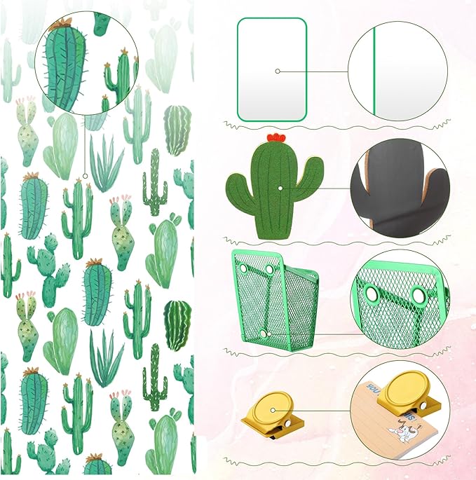 Harloon 15 Pcs Locker Decoration and Organizer Kit Locker Wallpaper Magnetic Pen Holder and Mirror Whiteboard Marker Cork Board with 3 Push Pins 3 Magnetic Clip 6 Magnets(Cactus)