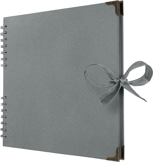 Bstorify 10 x 10 Inches Scrapbook Album 70 Pages Grey Thick Kraft Paper Corner Protectors, Ribbon Closure - Ideal for Your Scrapbooking, Art & Craft Projects (Grey, 10 x 10 Inch)