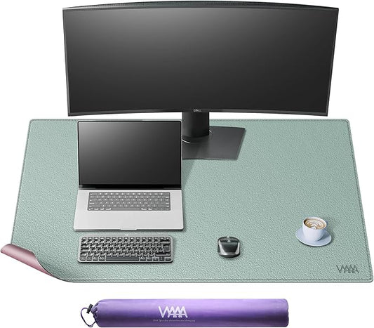Vyaaa PU Leather Desk Mat, 39.4“ x 23.6” XXL Leather Desk Pad, Waterproof Extra Large Desk Mat, Large Mouse Pad, Desk Mats on top of Desks for Home or Office (Pink & Green)