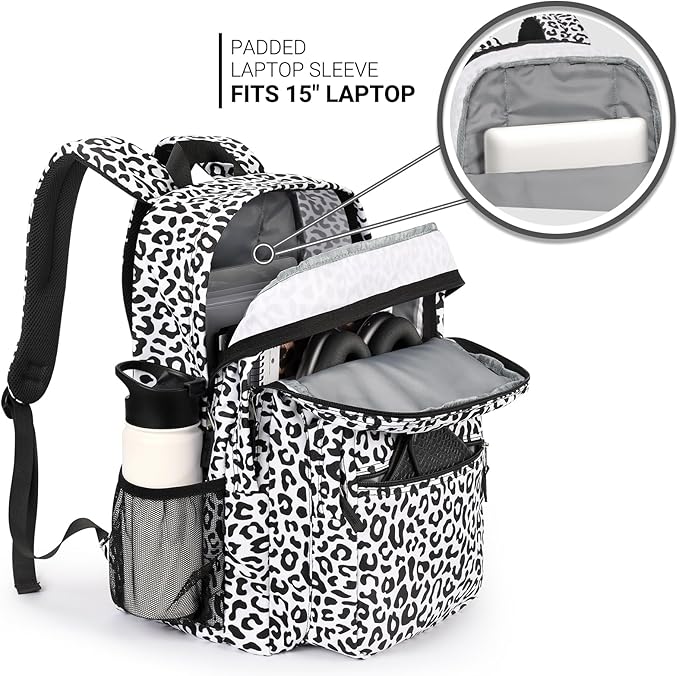 ZORFIN 26L Backpack for School, College, and Travel: Water Resistant Bookbag with 8 Compartments - Snow Leopard