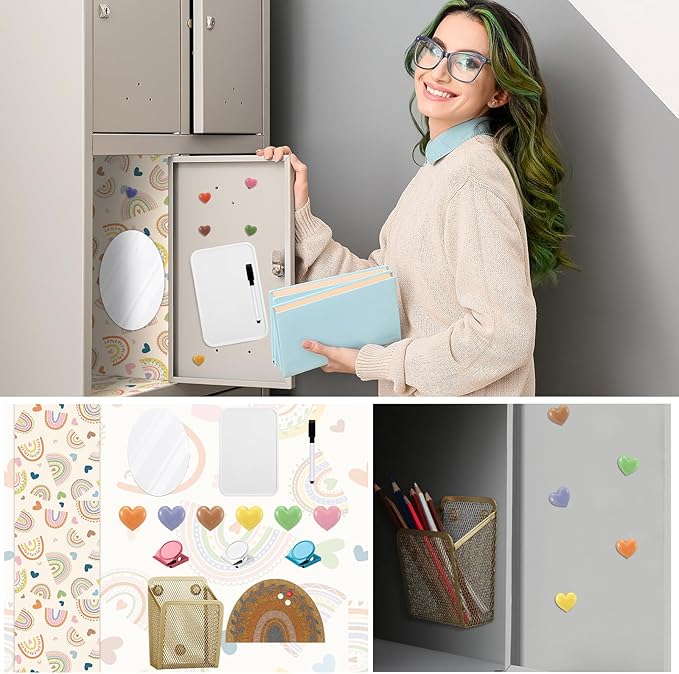 Harloon 15 Pcs Locker Decoration and Organizer Kit Locker Wallpaper Magnetic Pen Holder and Mirror Whiteboard Marker Cork Board with 3 Push Pins 3 Magnetic Clip 6 Magnets(Bohemian Love Rainbow)