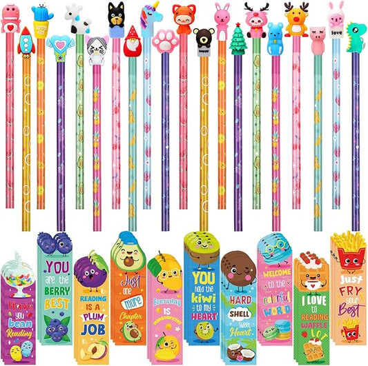 Teling 80 Pcs Scented Bookmarks and Smelly Pencils with Cute Toppers Set Fun Pencils Fruit Food Theme Scratch and Sniff Bookmarks Cartoon Pen Toppers for Kids Students Supplies(Adorable Style)