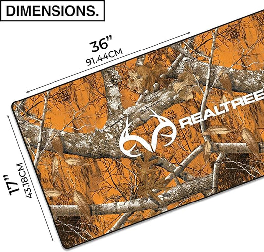 MPCO. Real Tree Large Gaming Desk Pad - 36" x 17" Duraglyde Fabric Edge Orange – with Logo Desk Mats - Non-Slip, Washable, Smooth Glide for Precision Gaming & Work