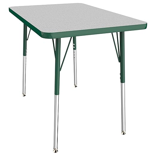 FDP Rectangle Activity School and Office Table (24 x 36 inch), Standard Legs with Swivel Glides, Adjustable Height 19-30 inches - Gray Top and Green Edge