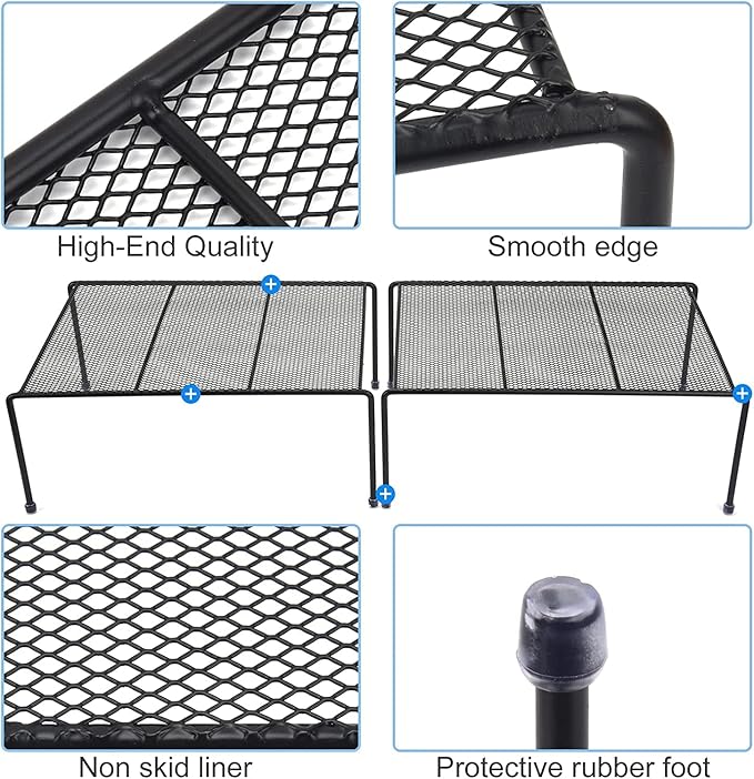 Set of 4 Mesh Kitchen Shelves Cabinet Storage Shelf Rack (13.1 x 10.2 Inch) ，Kitchen Bathroom Pantry Cupboard Desk Home Office, Fridge, Non-Slip Plastic Feet (4, Black)