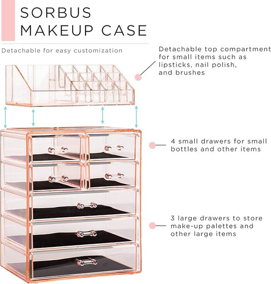 Sorbus Clear Cosmetic Makeup Organizer - Make Up & Jewelry Storage, Case & Display - Spacious Design - Great Holder for Dresser, Bathroom, Vanity & Countertop (3 Large, 4 Small Drawers) [Pink]