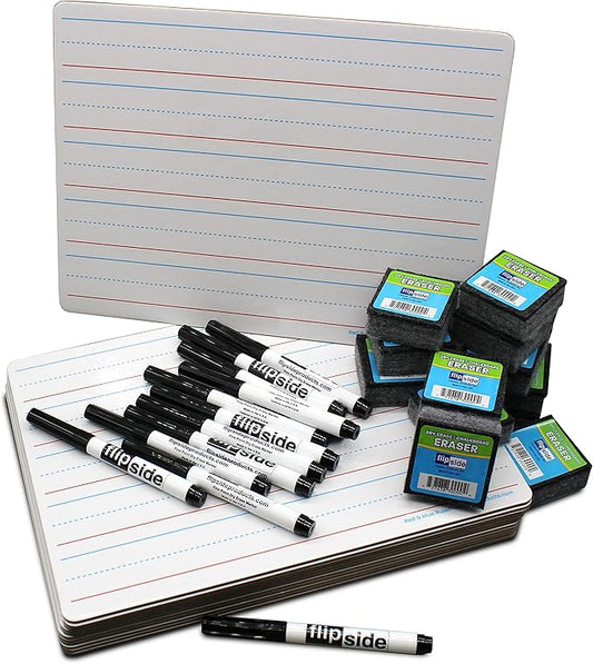 Flipside Products 9" x 12" Two Sided Dry Erase Red & Blue Lined, Black Markers and Erasers, Ruled, Learn to Write, Writing Practice, Pack of 12