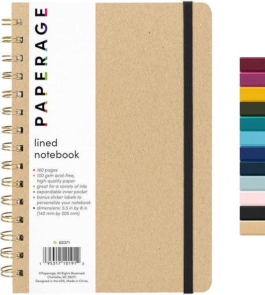 PAPERAGE Lined Spiral Journal Notebook, (Kraft), 160 Pages, Hardcover Journal for Women & Men, Medium 5.5 in x 8 in - 100 GSM, Thick Paper, Spiral Notebook for Work, School & Journaling