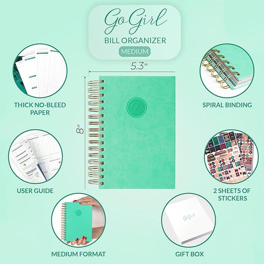 GoGirl Budget Planner & Monthly Bill Organizer – Monthly Financial Book with Pockets. Expense Tracker Notebook Journal, Compact (Mint Green)