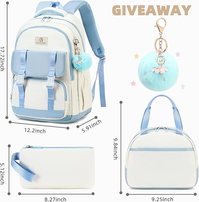 AO ALI VICTORY School Backpack for Girls Women 15.6 Inch Laptop Backpacks College Bookbag Cute Kids Elementary Middle High School Bag with Lunch Box Set for Teens Students Travel Daypack, Blue Set