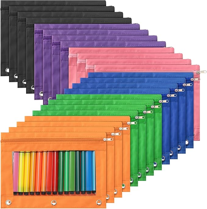 Marspark 48 PCS Pouch Bag for 3 Ring Binder - Bulk Zipper Pencil Binder Pouches with Clear Window for School Office Utensils Storage Supplies(Multicolor)