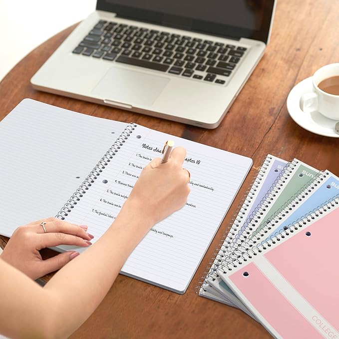 SUNEE Spiral Notebooks College Ruled, 1-Subject, 4 Pack, 8 x 10-1/2 in, 70 Sheets, 3-Hole Punched Paper, Pastel Pink, Purple, Blue, Green for School, Home & Office, Writing Journal