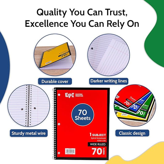 EPI Spiral Notebook | Wide - 70 Sheets, Durable Spiral Binding | 10.5 x 8 in | Classroom Supplies | School, Office, Note Taking, Journaling - 48 Pack