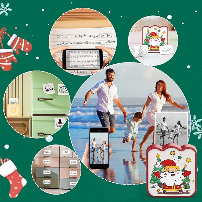 Christmas Mini Photo Printer - Portable Pocket Sticker Printers for iPhone Thermal Printer with 10 Rolls Thermal Paper for Photo, Memo, Journal - Red