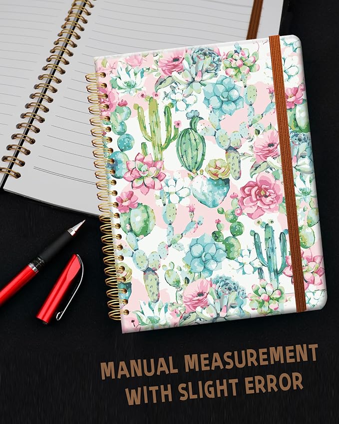 Ruled Spiral Writing Notebook,A5 Hardcover Lined College Journal for Women Lady Girl,Strong Twin-Wire Binding with Premium Paper,8.4" X 6",Perfect for School,Office,Home Gifts(pink cactus