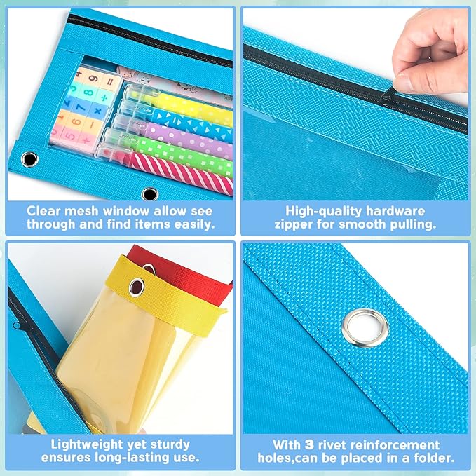 3 Ring Pencil Pouch,Bulk, 160 Packs Bulk Zipper Pencil Case in 10 Colors, Pencil Pouches with Clear Window for Storing School Office Supplies, Cloth Pencil Bag for 3 Hole Binder