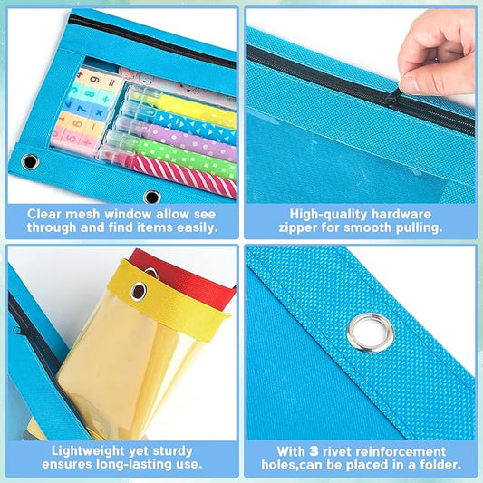 3 Ring Pencil Pouch,Bulk, 160 Packs Bulk Zipper Pencil Case in 10 Colors, Pencil Pouches with Clear Window for Storing School Office Supplies, Cloth Pencil Bag for 3 Hole Binder