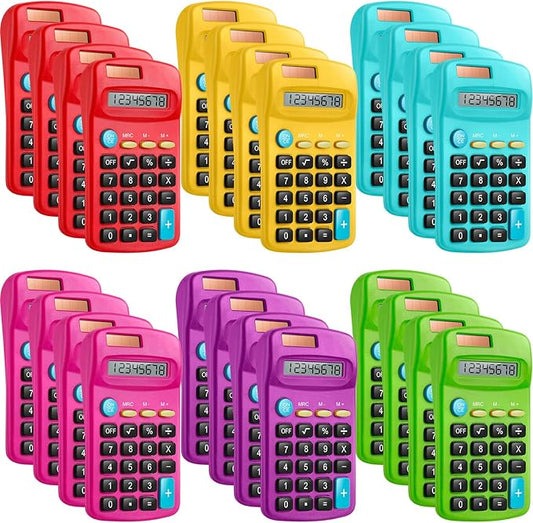 12 Packs Pocket Size Mini Calculator Basic Calculators for Handheld Angled Students 8 Digit Display Solar Battery Dual Power Small Calculator for Students Kids Home Office (6Colors)