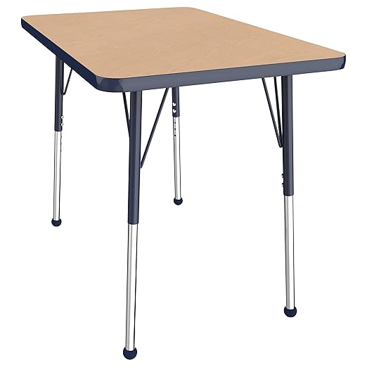 Factory Direct Partners FDP Rectangle Activity School and Office Table (24 x 36 inch), Standard Legs with Ball Glides, Adjustable Height 19-30 inches - Maple Top and Navy Edge