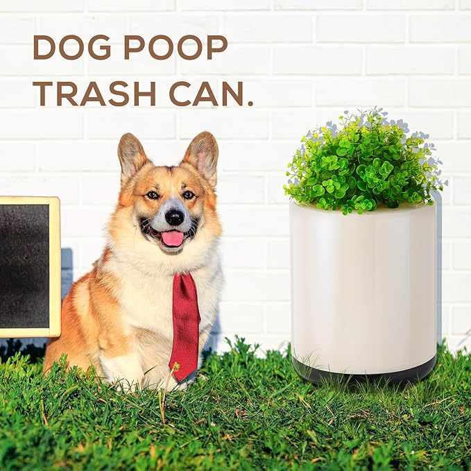 Dog Poop Trash Can Outside 13 L/ 3. 4 Gal Dog Waste Trash Can with Lid, Plant-styled, Double-layer Design, Outdoor Garbage Container for Front Porch Backyard Office Patio(White)