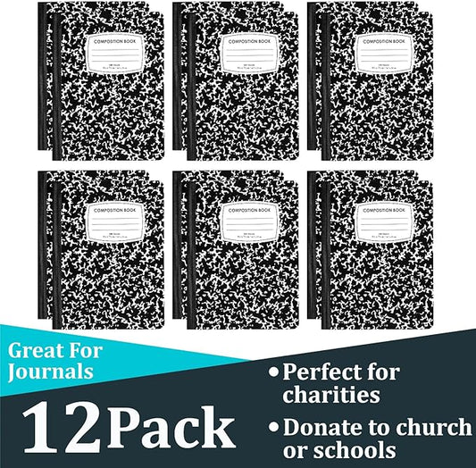 ENVO Composition Notebooks, Wide Ruled Composition Notebook, Black Marble Covers Composition Notebook, 100 sheets (12 Pack, Wide Ruled)