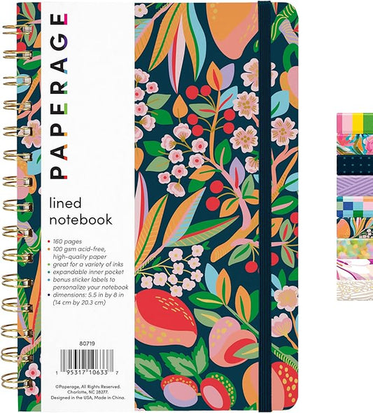 PAPERAGE Lined Spiral Journal Notebook, (Cherry Blossom/Fruit), 160 Pages, Hardcover Journal for Women & Men, Medium 5.5 in x 8 in - 100 GSM, Thick Paper, Spiral Notebook for Work, School & Journaling