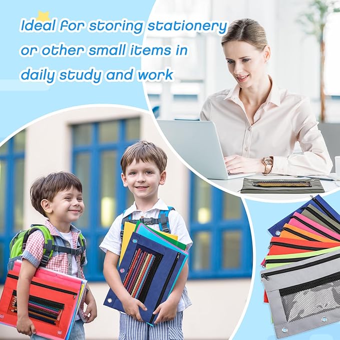 Tinlade 100 Pcs 3 Ring Binder Pencil Pouches Zipper Pouches Case with Mesh Window Ring Binder Pencil Bags Case for Christian Charity Donation Supplies(7 Colors)