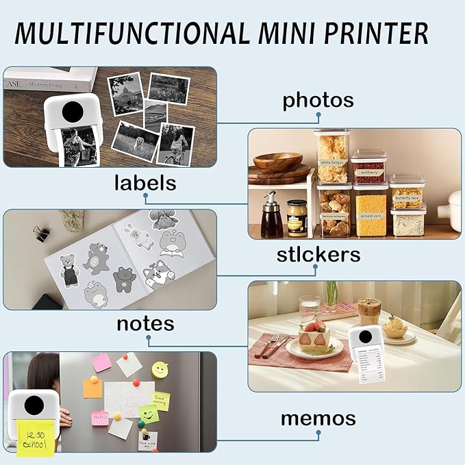 MXiiXM Mini Sticker Printer, Portable Pocket Smart Inkless Thermal Printer with 13 Roll Papers, Bluetooth Mini Printer for Notes, Photos, Stickers, Labels, Receipts (White)