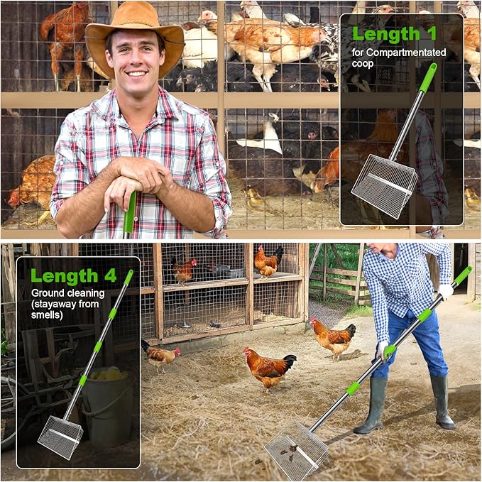 12inch Large Chicken Poop Scooper, 2 Widths of Slots Chicken Coop Litter Scoop with Stainless Steel Handle - 23" to 66", 4 in 1 Litter Sifting Shovel，Heavy Duty Chicken Coop Accessories