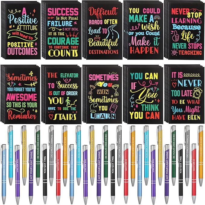 Sabary 100 Pcs Back to School Gifts Inspirational Notepads Ballpoint Pens Sets Mini Motivational Pocket Notebooks Journals Bulk Teacher Appreciation Presents for Office Supplies(Inspirational)