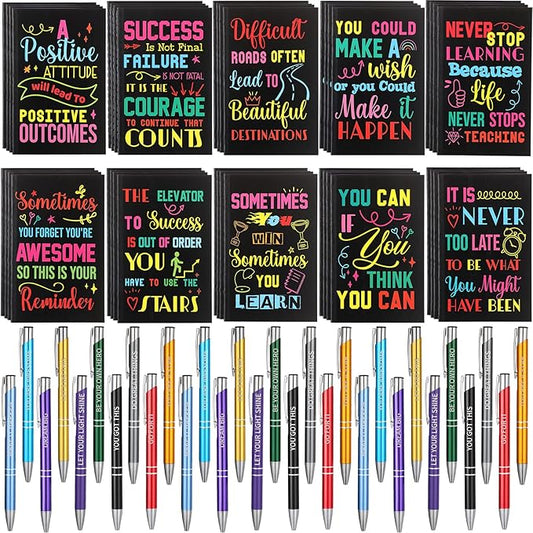 Sabary 100 Pcs Back to School Gifts Inspirational Notepads Ballpoint Pens Sets Mini Motivational Pocket Notebooks Journals Bulk Teacher Appreciation Presents for Office Supplies(Inspirational)