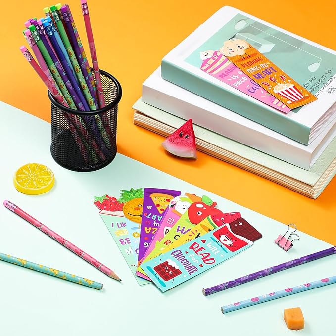 Teling 60 Pcs Inspirational Scented Pencils and Scented Bookmarks Sets Funny Smelly Pencils with Eraser Theme Bookmarks Cute Stationery Bulk for Reading Rewards Party Favors(Vivid)