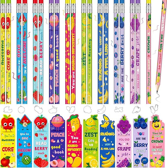 Ctosree 60 Sets Inspirational Pencils and Fruit Scented Bookmark Sets Positive Graphite Pencils Bulk Scratch and Sniff Book Marks Motivational Gifts for Kids Students Classroom Prizes Party Favors