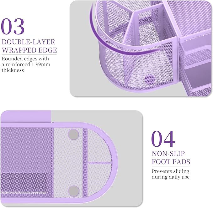 SUPEASY Mesh Desk Organizer, Desk Organizers and Accessories with Drawers, Pen Holder for Desk with 2 Drawers with 9 Compartments for Office Supplies, Purple