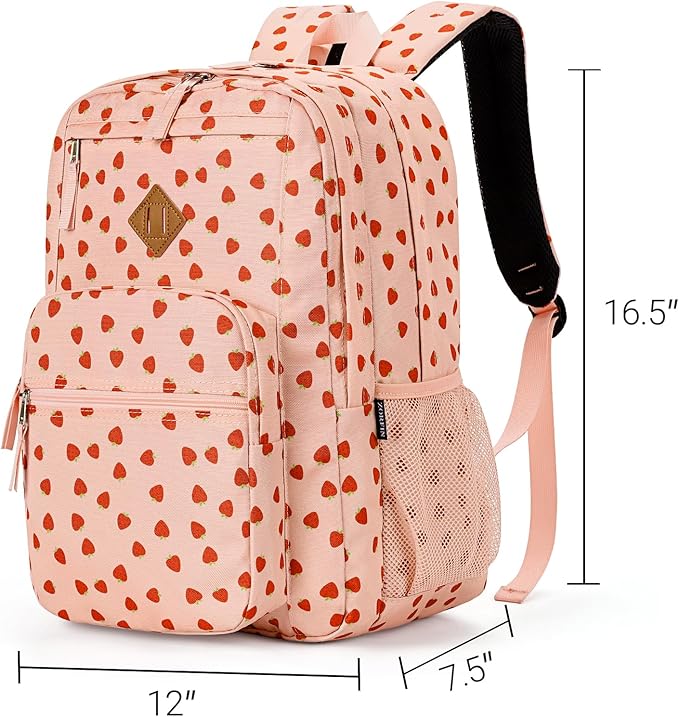 ZORFIN 26L Backpack for School, College, and Travel: Water Resistant Bookbag with 8 Compartments - Heart-shaped Strawberry pink