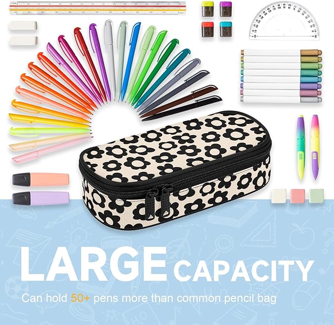 Beige with Black Flower Large Pencil Pouch Big Capacity Cute Pencil Case for Girls Boys Teen Women Men Adult,Portable Kids Pencil Bag with Zipper,Stationery Storage Pen Bag for School Office Organizer