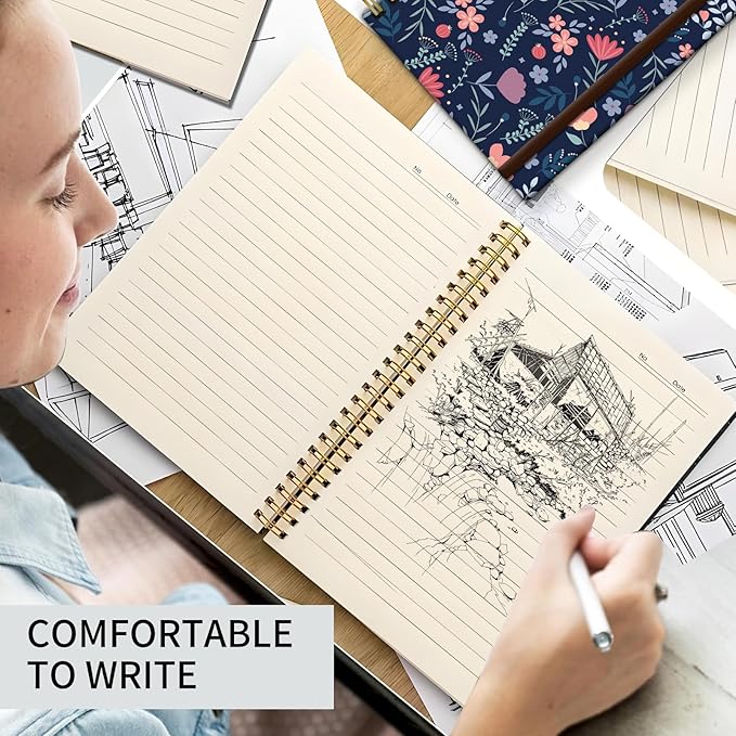 Bansutay Spiral Journal Notebook, A5 Cute Notebooks for Women Men, College Ruled Hardcover Notebook for Work & Note Taking, 60 Pages Double-Wire Journals for Writing (Pink Flower)