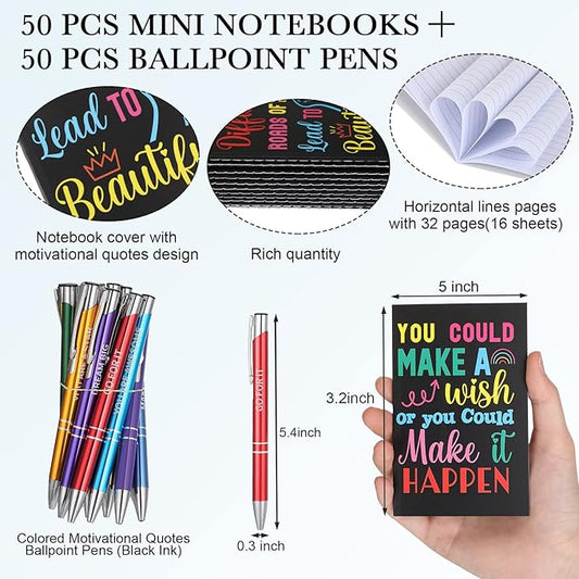 Sabary 100 Pcs Back to School Gifts Inspirational Notepads Ballpoint Pens Sets Mini Motivational Pocket Notebooks Journals Bulk Teacher Appreciation Presents for Office Supplies(Inspirational)