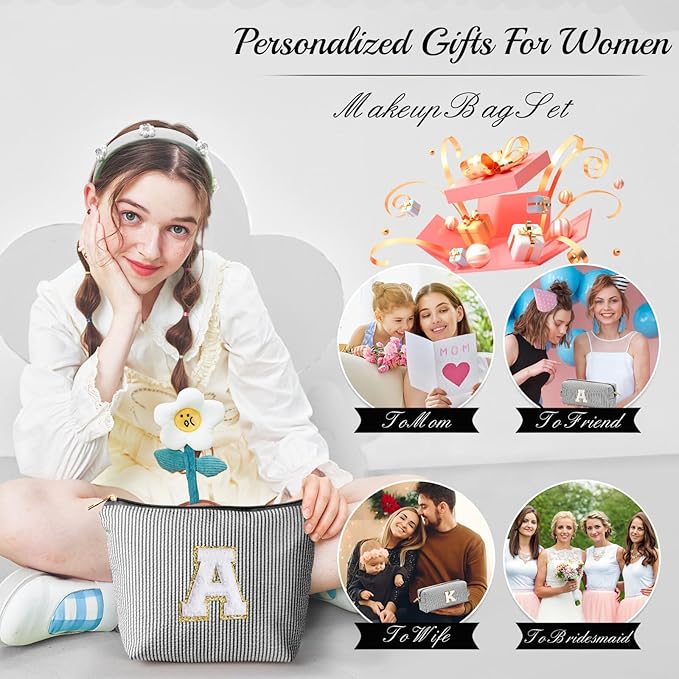 YOOLIFE Teacher Appreciation Gifts for Women - Personalized Birthday Gifts Idea for Women Teacher Best Friend Mom Bridesmaid, Large Initial Makeup Bag, Cosmetic Toiletry Bag Case Make Up Pouch Black T