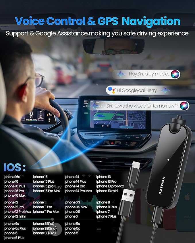 Wireless Carplay Adapter Upgraded Model adds Emergency Escape Window Breaker Function for Apple iPhone iOS 10+ & Cars from 2016+, Auto-Connect Stable Control & No Latency