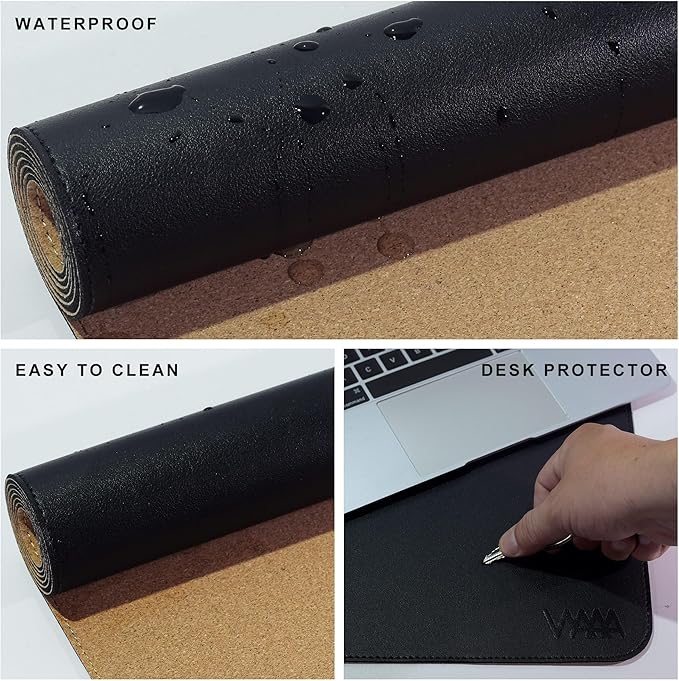 Vyaaa PU Leather & Cork Desk Mat, 39.4"x15.7" Dual Sided Computer Desk mat, Waterproof Large Mouse Pad, Non-Slip Office Desk pad, Office Desk Protector for Work/Gaming/Home (Black)