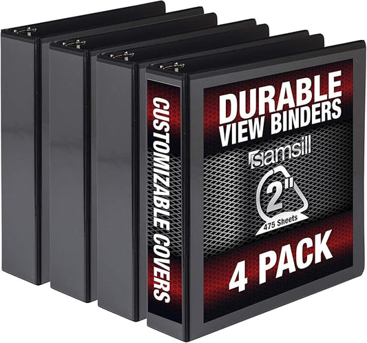 Samsill Durable 2 inch 3 Ring Binder, Made in USA, D Ring Binder, FSC 100% Recycled Chipboard, Black, 4 Pack