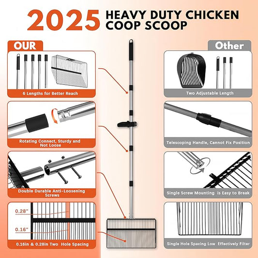 15inch Large Chicken Poop Scooper, 2 Slot Widths (0.16"&0.28"), 39" to 76" Adjustable Stainless Steel Handle, Sifting Litter Shovel for Chicken Coop/Stables/Farm Cleaning (with Effortless Grip)