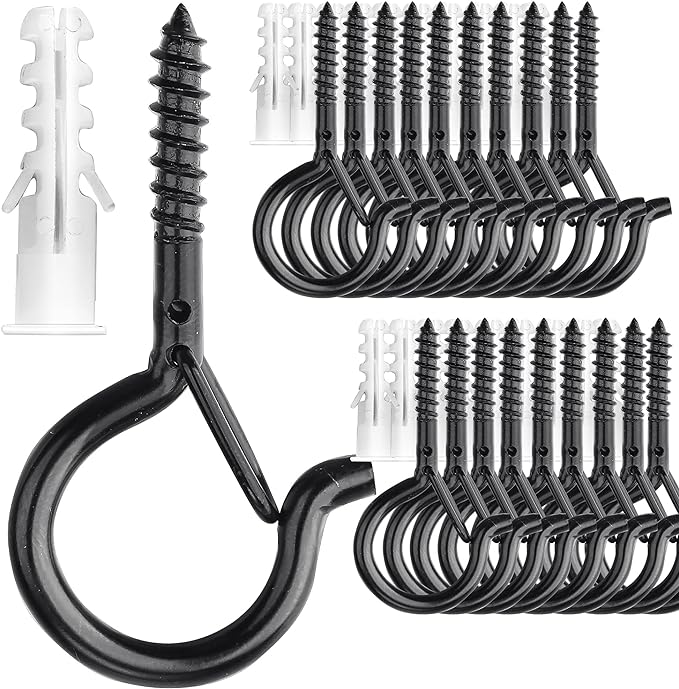 PlusRoc 20 Pack Screw Hooks for Hanging Plants Outdoor Lights, Heavy Duty 2.2 Inch Black Eye Hook Screw Cup Ceiling Hook Q-Hanger for String Lights, Wall Wood Ceiling Deck Mount
