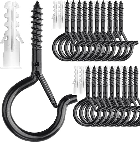 PlusRoc 20 Pack Screw Hooks for Hanging Plants Outdoor Lights, Heavy Duty 2.2 Inch Black Eye Hook Screw Cup Ceiling Hook Q-Hanger for String Lights, Wall Wood Ceiling Deck Mount