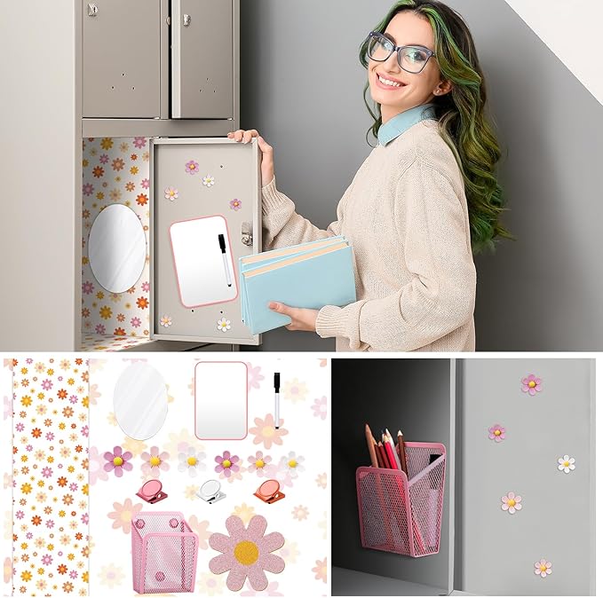 Harloon 15 Pcs Locker Decoration and Organizer Kit Locker Wallpaper Magnetic Pen Holder and Mirror Whiteboard Marker Cork Board with 3 Push Pins 3 Magnetic Clip 6 Magnets (Retro Flowers)
