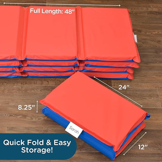 Angels Rest Daycare 2" Kids Nap Mats, 5 Pack, Red-Blue, CF400-519RB, Toddler 4-Section Folding Classroom Floor Sleeping Mats for Daycare or Preschool