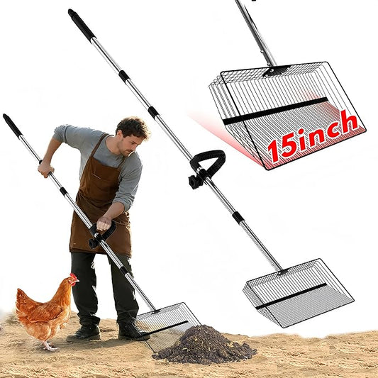 15inch Large Chicken Poop Scooper, 2 Slot Widths (0.16"&0.28"), 39" to 76" Adjustable Stainless Steel Handle, Sifting Litter Shovel for Chicken Coop/Stables/Farm Cleaning (with Effortless Grip)