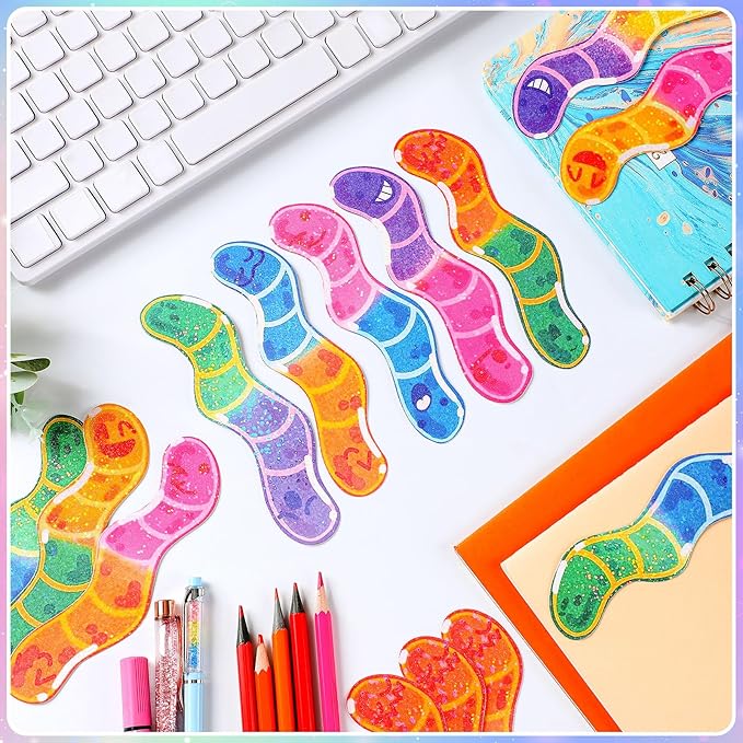 100 Pcs Worm Bookmarks Bulk for Kids Cute Holographic Glitter Gummy Worm Fun Bookmarks for Book Lovers Adults Teacher Funny Reading Gifts Bookish Party Favors